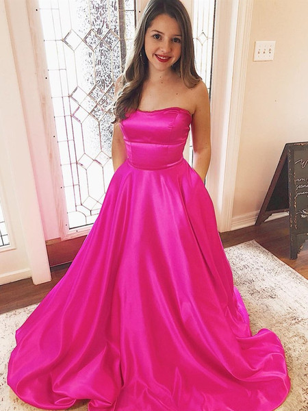 Buy Cheap 2021 Fuchsia Satin Sweep Train Criss cross Prom Dress With Pockets Under 128