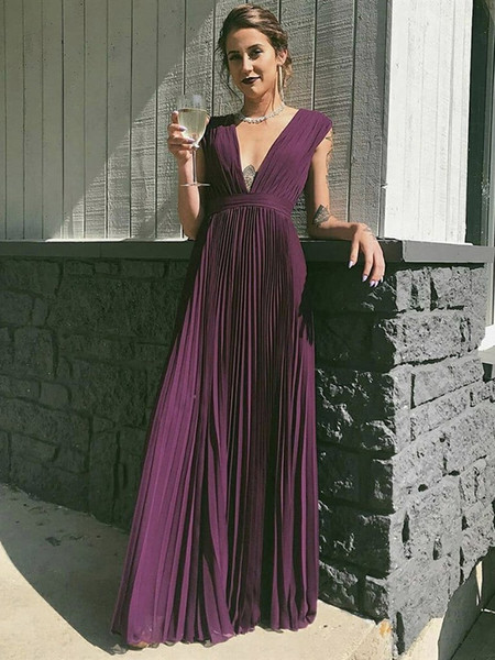 Buy Annakoo V Neck Grape Chiffon Pleats Floor Length Prom Dress Under 129