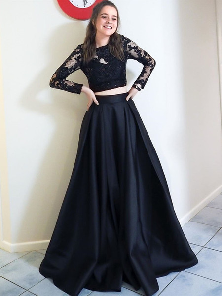 Shop Beautiful 2021 O Neck Long Sleeve Lace & Satin Two Piece Black Prom Dress Under 138