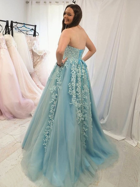 Shop 2021 Cheap Strapless Mint Appliques Tulle A Line Green Prom Dress Under 188