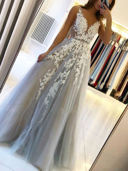 Shop 2021 V Neck Appliques Gray Tulle Floor Length Backless Prom Dress Under 168