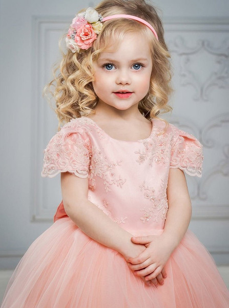 Appliques Beading Bowknot Pink Tulle Flower Girl Dress