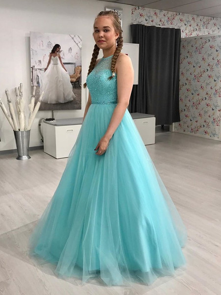 Shop 2021 Turquoise Blue Halter Beading Ball Gown Keyhole Back Tulle Prom Dress Under 188