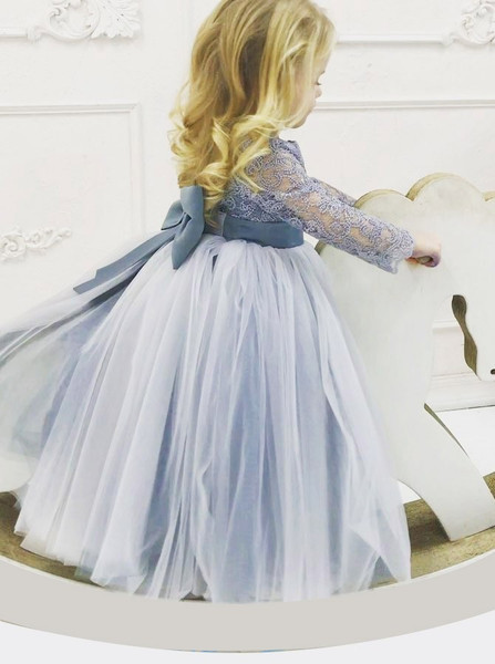 Lace Bowknot Long Sleeves Blue Tulle Flower Girl Dress 