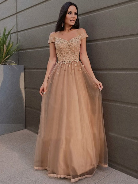 Shop 2021  Off The Shoulder Champagne Beading Flower Tulle Prom Dress Under  155