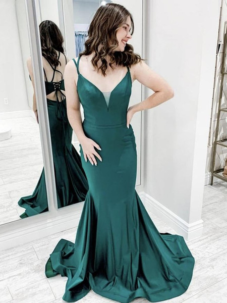 Buy Cheap Dark Green Satin Spaghetti Straps Sheath Column Sweep Train Prom Dress Under 129