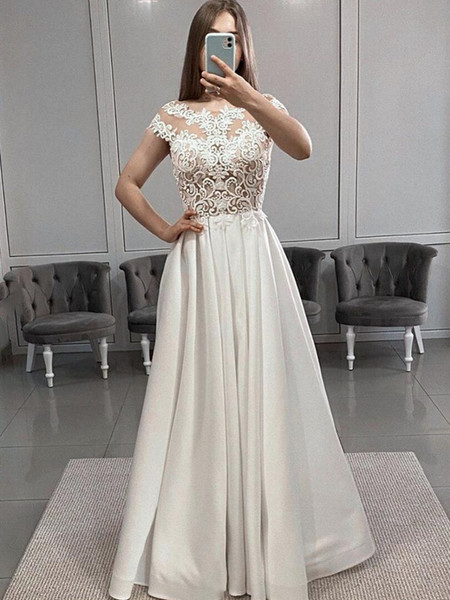 Buy Cheap White Scoop Appliques Short Sleeve Satin Lace Beading Prom Dress Under 188