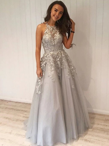 Shop 2021 Gray Halter Tulle Appliques A Line Long Prom Dress Under 158