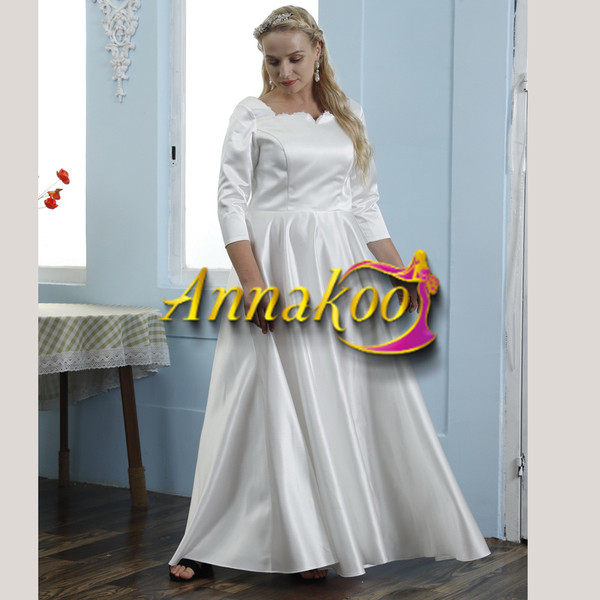 Plus Size Satin Long Sleeve Square A Line Wedding Dress