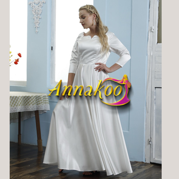 Plus Size Satin Long Sleeve Square A Line Wedding Dress