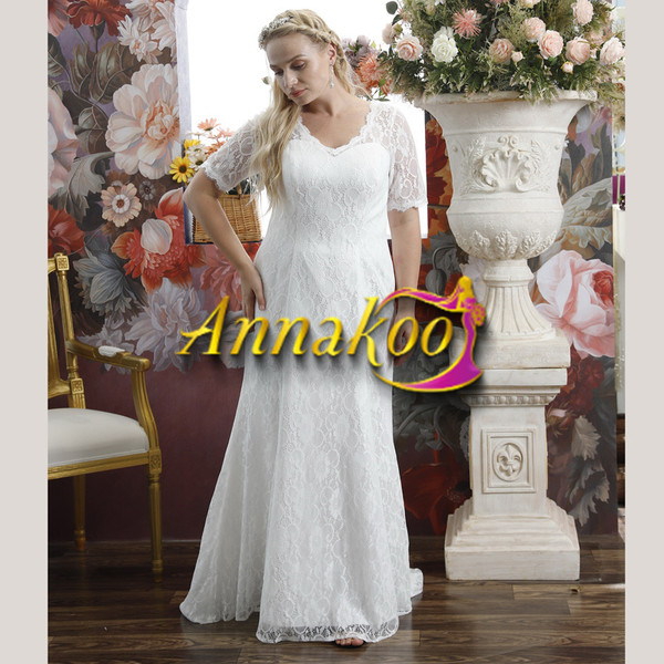 Lace Mermaid Short Sleeve Sweep Train V Neck Plus Size Wedding Dress