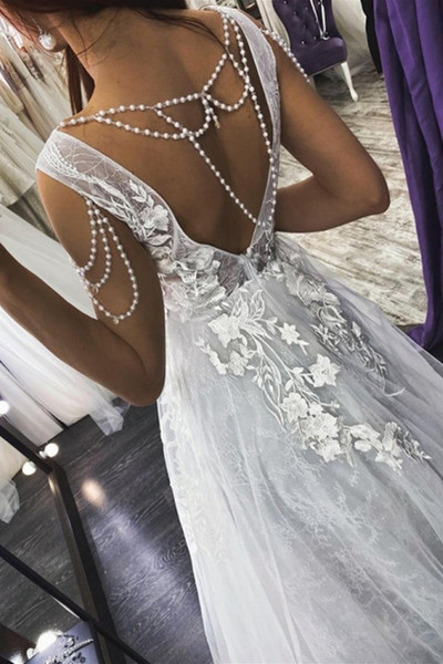 Buy Cheap 2021 Gray Tulle V Neck Peals Appliques Backless A line Prom Dress Under 189