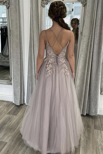 Shop 2021 Annakoo Tulle Gray Appliques A Line Spaghetti Straps Romantic Prom Dress Under 139