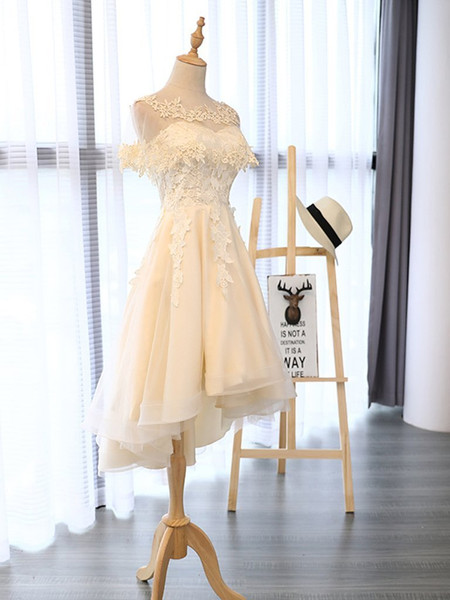 Champange Tulle  Cap Sleeve High Low Appliques Homecoming Dress