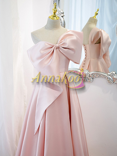 Buy 2022 Annakoo One Shoulder Pearl Pink Satin Floor Length Bowknot Lace Up Corset Prom Dress Under 139