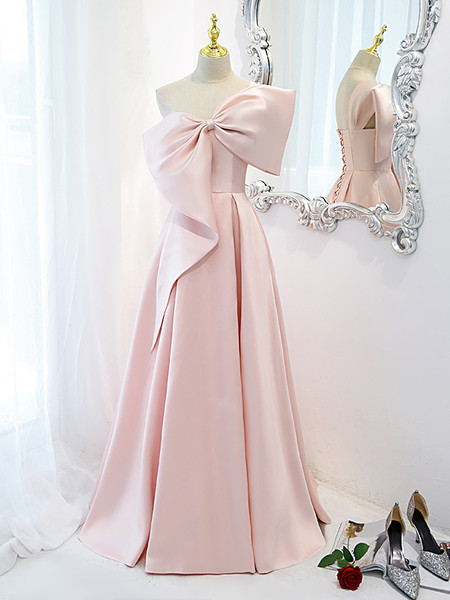 Buy 2022 Annakoo One Shoulder Pearl Pink Satin Floor Length Bowknot Lace Up Corset Prom Dress Under 139
