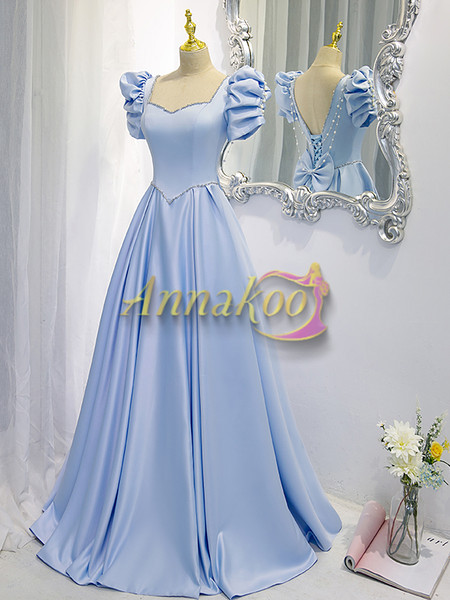 Buy 2022 Annakoo Sky Blue Satin Backless Beading Pearls Lace Up Square Neck Prom Dress Under 158