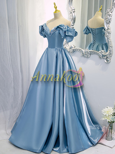 Buy 2022 Princess Laser Satin Off The Shoulder Puffy Sleeves A Line Blue Formal Prom Dress Under 158