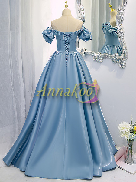 Buy 2022 Princess Laser Satin Off The Shoulder Puffy Sleeves A Line Blue Formal Prom Dress Under 158
