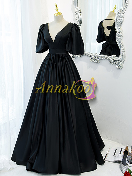 Shop Annakoo 2022 Black Plus Size Puffy Sleeves Satin V Neck Bowknot Prom Formal Dress Under 148