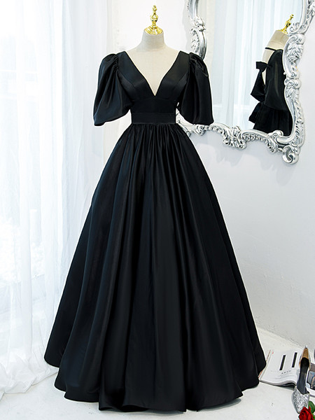 Shop Annakoo 2022 Black Plus Size Puffy Sleeves Satin V Neck Bowknot Prom Formal Dress Under 148