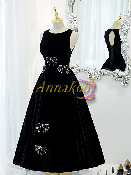 Shop Annakoo 2022 Black Scoop Lace Up Satin Vintage Ankle Length Beading Bowknot Prom Dress Under 138