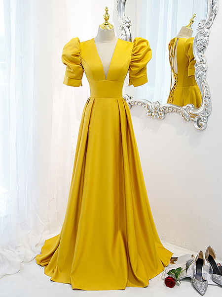 Get 2022 New Arrival Ginger Yellow V Neck Puffy Sleeve Satin Backless Prom Formal Dress From 148