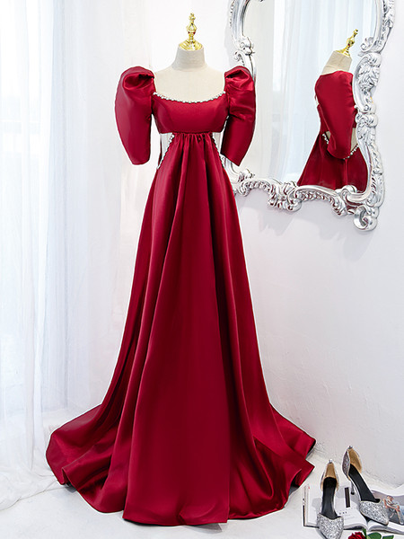Shop Annakoo 2022 Puffy Sleeve Square Burgundy Beading Cut Out Satin Prom Dress Under 138