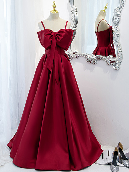 Shop Annakoo 2022 Spaghetti Straps Satin Burgundy Bowknot Lace Up Formal Prom Dress Under 137
