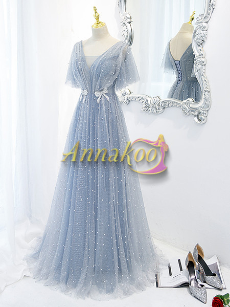 Shop Annakoo 2022 Blue Cap Sleeves Tulle Beading V Neck Bowknot Prom Formal Dress Under 138