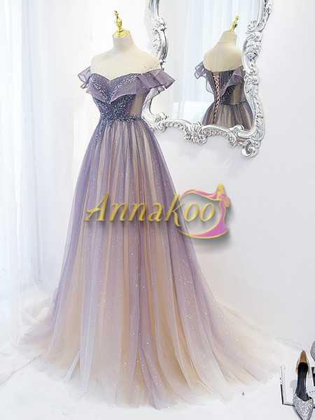 Shop 2022 Light Purple Sparkle Bling Bling Scoop Short Sleeve Tulle Prom Dress Under 145