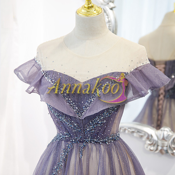 Shop 2022 Light Purple Sparkle Bling Bling Scoop Short Sleeve Tulle Prom Dress Under 145