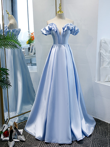 Shop 2022 Annakoo Off The Shoulder Blue Satin Ruffles V Neck Formal Prom Dress Under 145
