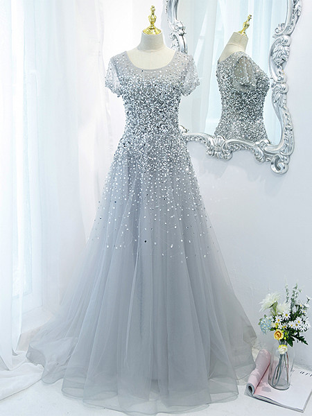Buy 2022 Cheap Silver Gray Bling Bling Beading Scoop Tulle Short Sleeve Formal Prom Dress Under 178