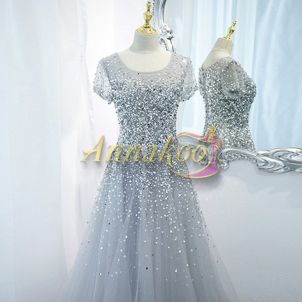 Buy 2022 Cheap Silver Gray Bling Bling Beading Scoop Tulle Short Sleeve Formal Prom Dress Under 178