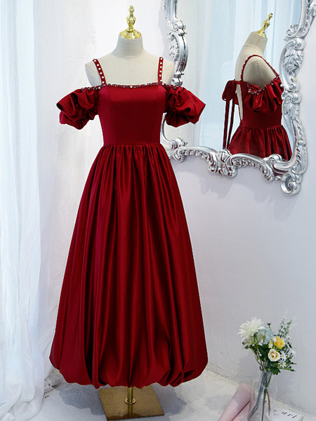 Shop 2022 Burgundy Spaghetti Straps Cold Shoulder Satin Tea Length Backless Prom Dress Under 128