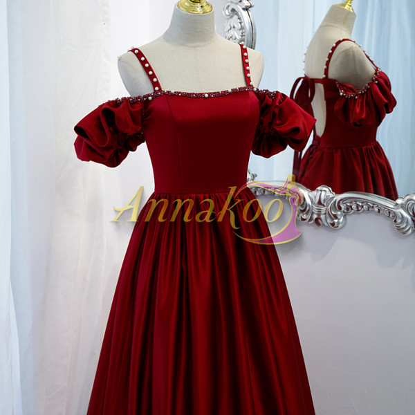 Shop 2022 Burgundy Spaghetti Straps Cold Shoulder Satin Tea Length Backless Prom Dress Under 128