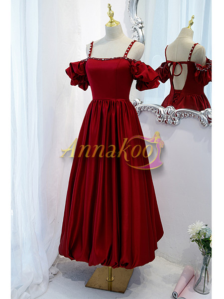 Shop 2022 Burgundy Spaghetti Straps Cold Shoulder Satin Tea Length Backless Prom Dress Under 128