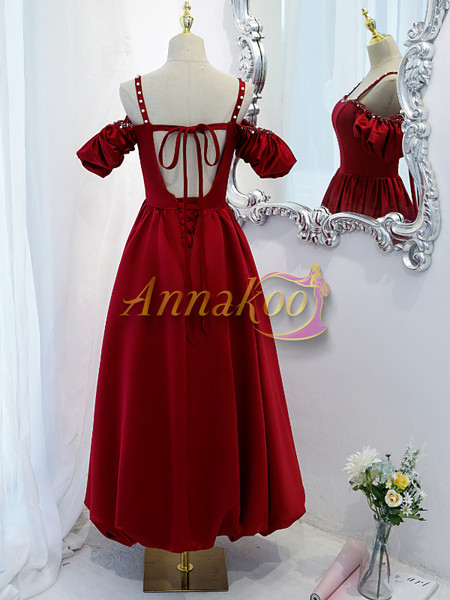 Shop 2022 Burgundy Spaghetti Straps Cold Shoulder Satin Tea Length Backless Prom Dress Under 128