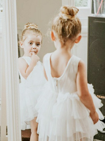 Short Tulle Tiered White Flower Girl Dress with Lace