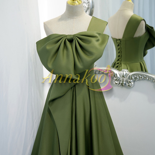 Shop 2022 Annakoo Olive Green Satin One Shoulder Floor Length Bow Formal Prom Dress Under 124