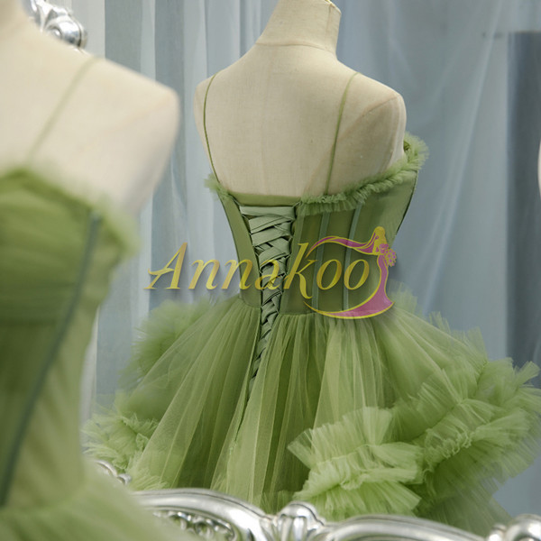 Buy 2022 Spaghetti Straps Olive Green Tulle Ruffles Sheer Prom Formal Dress Under 158