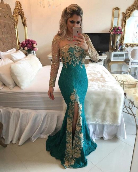 Shop 2022 Long Sleeve Green Appliques Beading Scoop Sheath Column Prom Dress With Slit Under 198