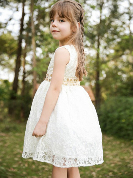 Sequins Keyhole Scoop White Lace Flower Girl Dress 
