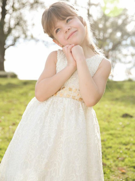 Sequins Keyhole Scoop White Lace Flower Girl Dress 