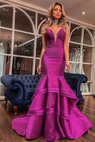Shop 2022 Annakoo Sweetheart Sheer Mesh Fuchsia Satin Long Trumpet Mermaid Ruffles Prom Dress Under 125
