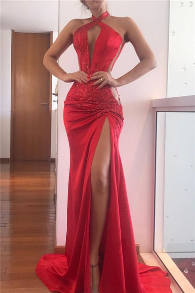 Shop 2022 Annakoo Halter Red Ruched Beading Sheaht Column Satin Prom Dress With Slit Under 188