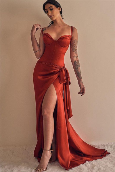 Shop 2022 Annakoo Spaghetti Straps Red Sheath Column Belt Sexy Prom Dress With Slit Under 129