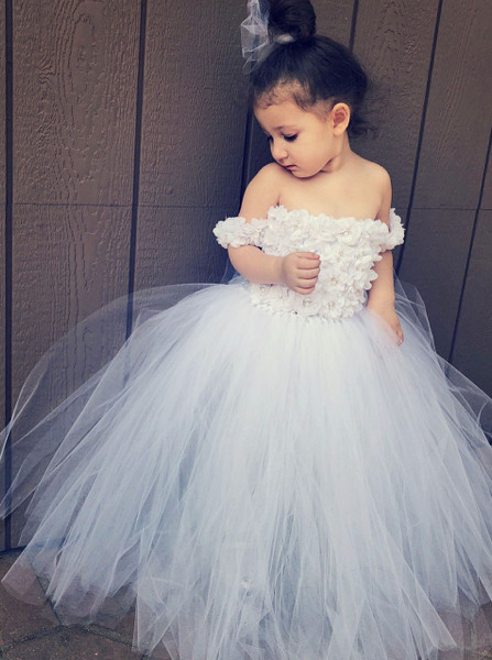 White Tulle  Off-the-Shoulder Flower Girl Dress with Flowers