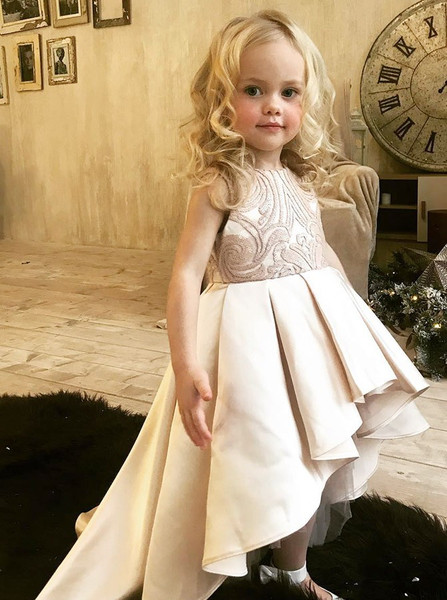 High Low Lace Champagne Satin Flower Girl Dress 